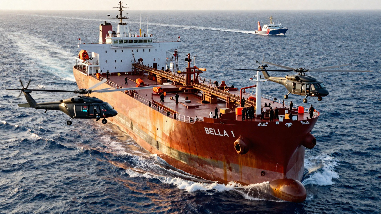 Navio cargueiro vermelho com dois helicópteros pretos sobrevoando em alto mar e um barco ao fundo.