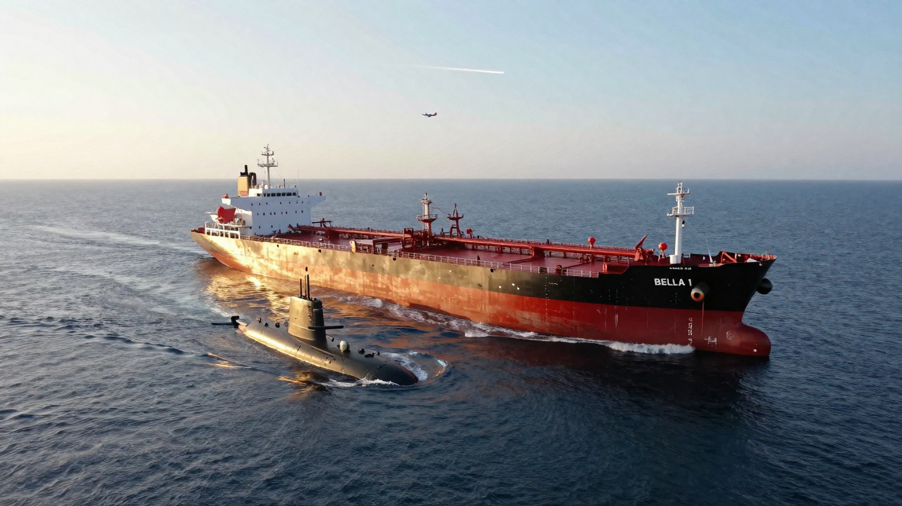 Navio petroleiro vermelho e preto ao lado de submarino preto navegando em mar calmo, com avião ao fundo.