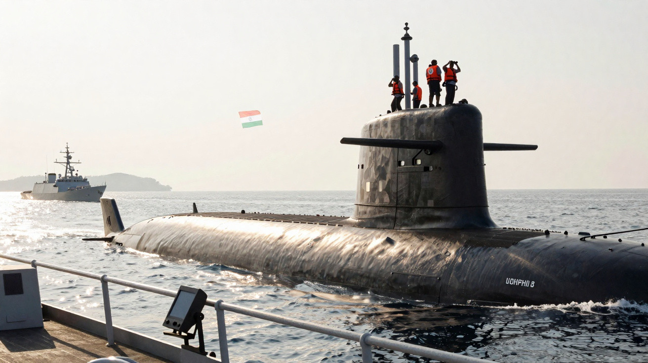 Submarino indiano na superfície com tripulação de colete laranja e navio militar ao fundo no mar.