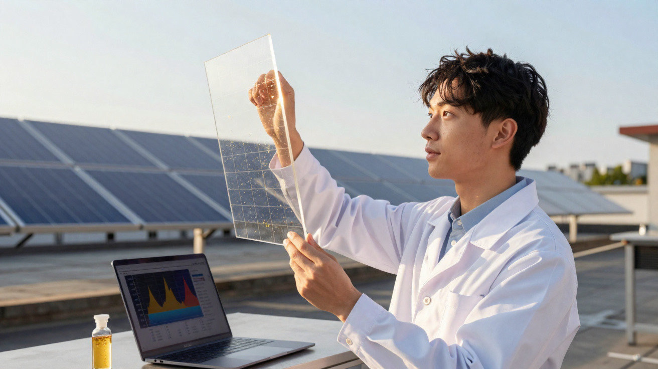 Homem em jaleco segurando placa solar transparente com painéis solares ao fundo em ambiente externo.