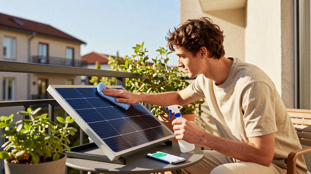 Homem limpa painel solar pequeno em mesa na varanda ensolarada com plantas ao redor.