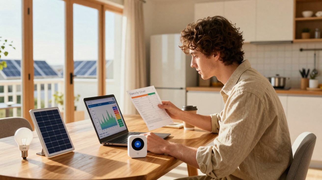Jovem sentado à mesa com laptop, analisando gráficos de energia solar e contas de eletricidade.