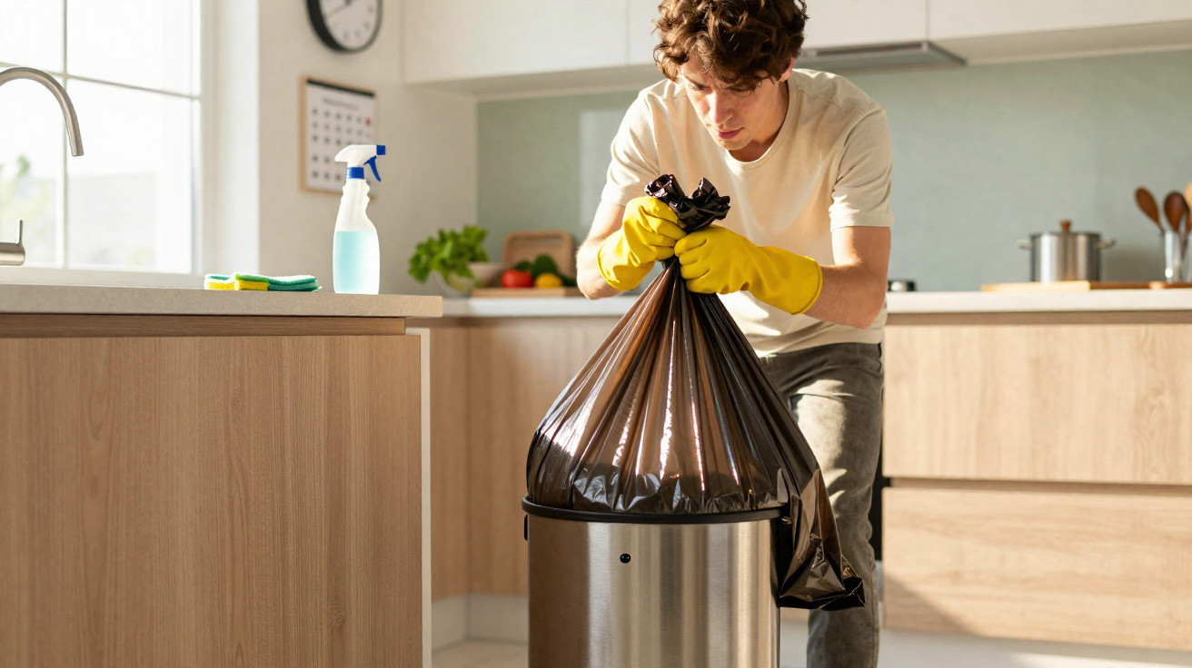Homem na cozinha colocando saco de lixo preto em lixeira inox, usando luvas amarelas.
