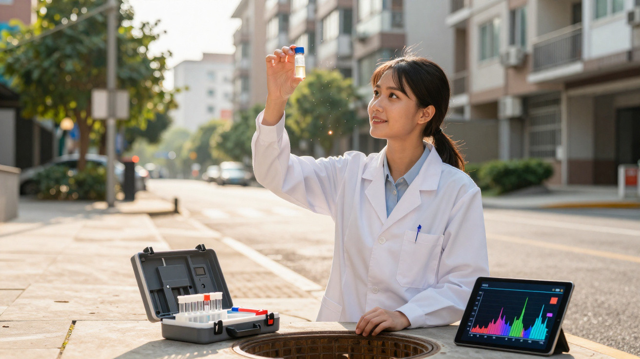 Cientista em jaleco segura amostra perto de bueiro, com equipamento e tablet exibindo gráficos na rua.