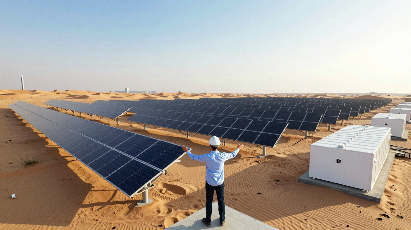 Homem de capacete em campo solar no deserto com painéis e unidades brancas alinhadas.