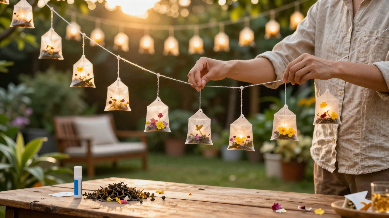 Pessoa segurando luminárias de chá com flores secas penduradas em corda no jardim ao entardecer.