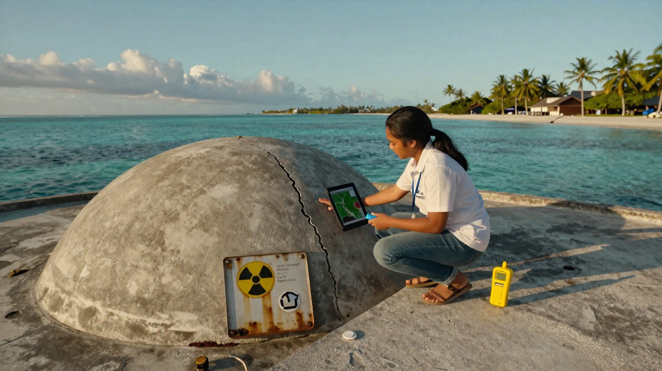 Mulher inspecionando equipamento com símbolo de radiação próximo ao mar e palmeiras ao fundo.