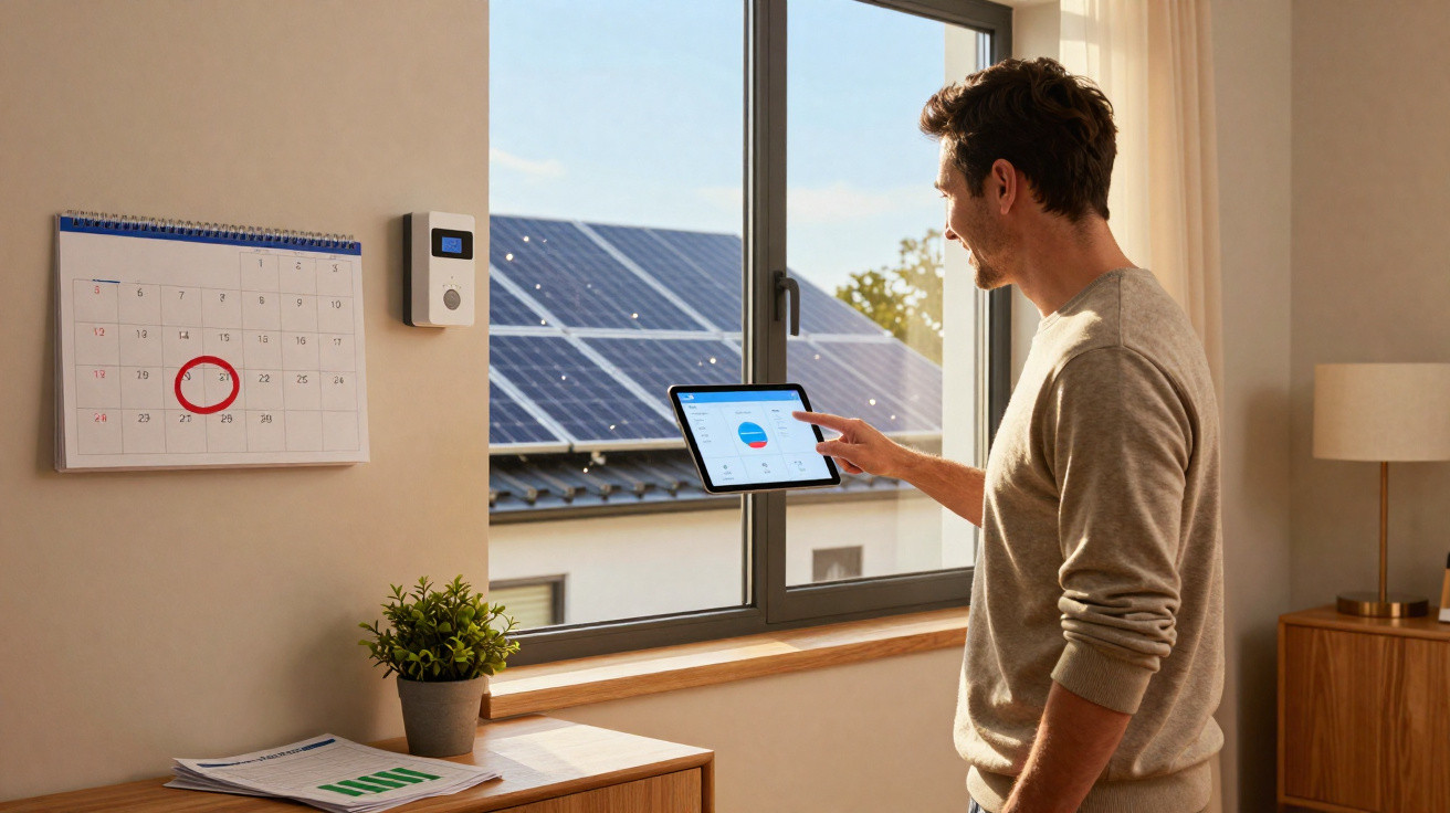 Homem usando tablet para monitorar energia solar em casa com painéis visíveis pela janela.