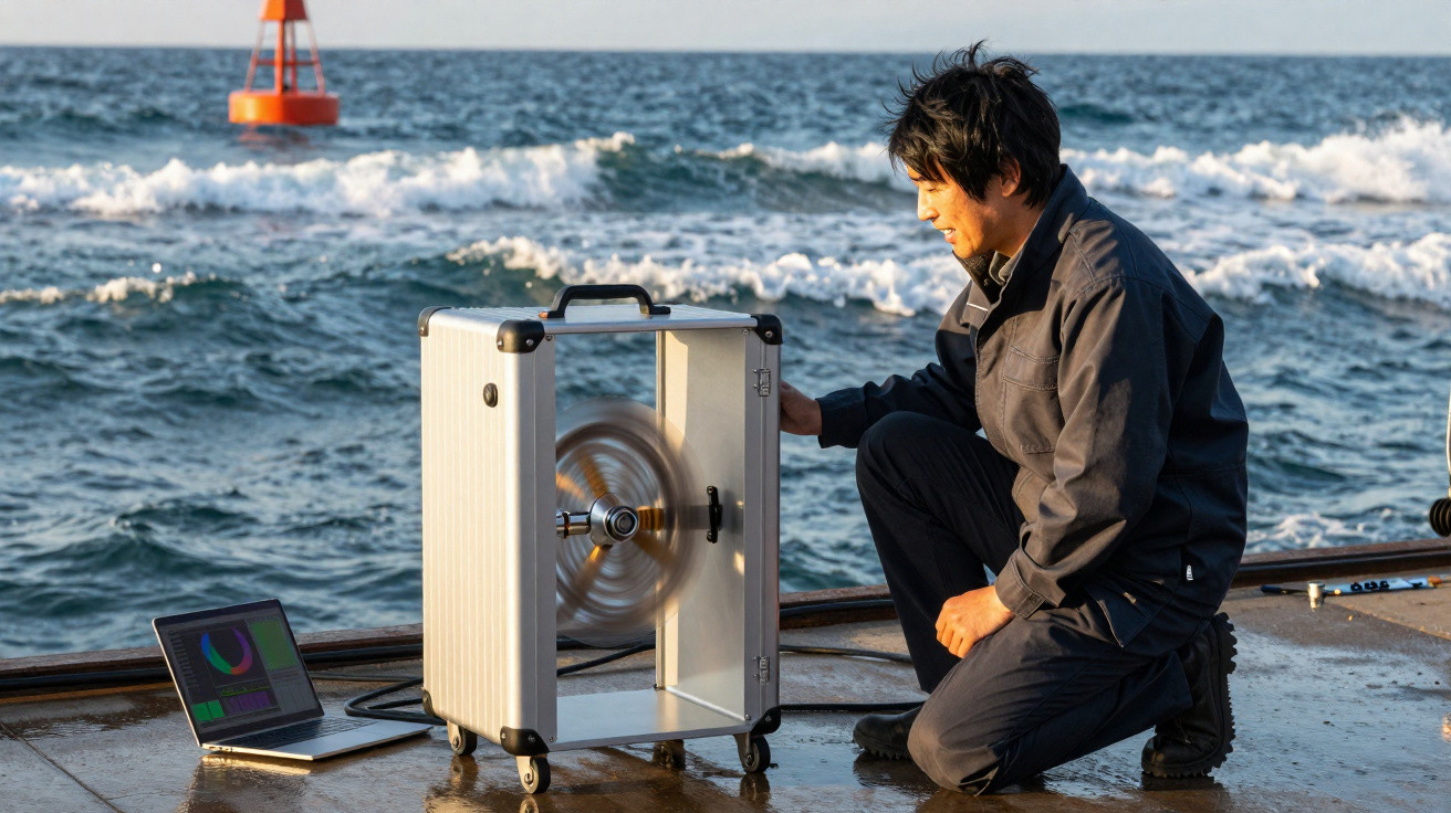Homem operando equipamento de pesquisa com hélice giratória próximo ao mar e computador portátil ao lado.