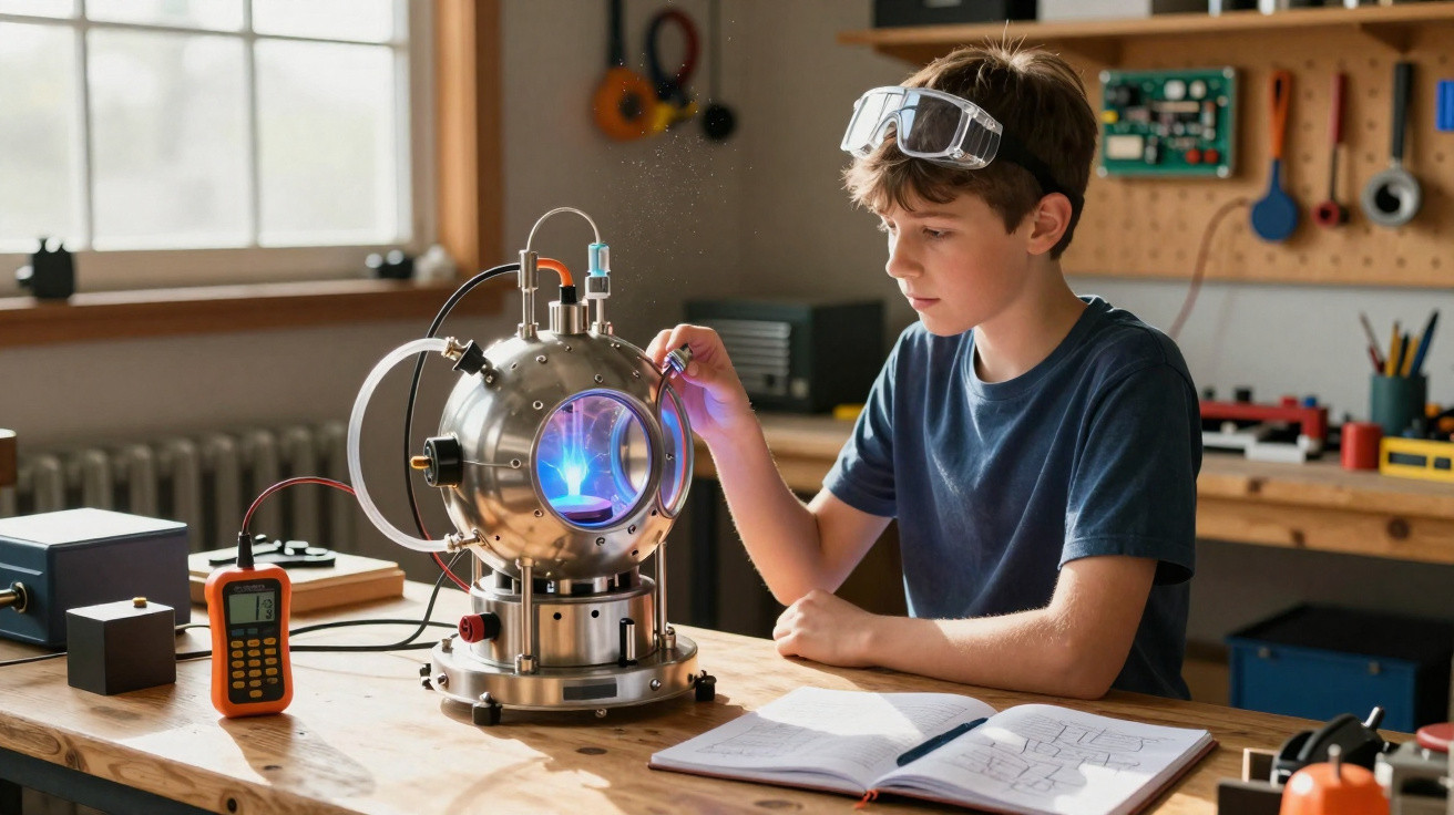 Menino usando óculos de proteção manuseia aparelho tecnológico brilhante em bancada de laboratório em casa.