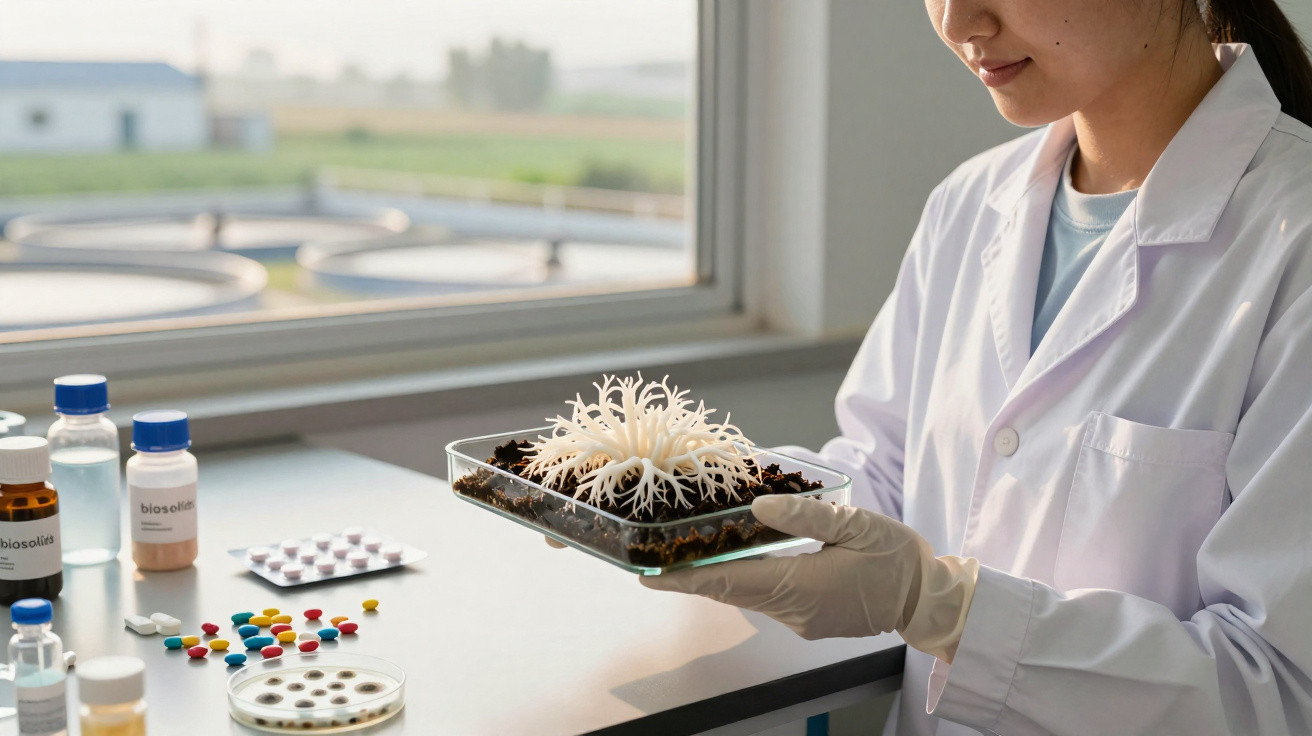 Pesquisadora com jaleco e luvas segura recipiente com planta branca em laboratório com frascos e remédios na bancada.