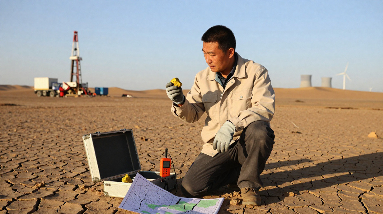 Homem com roupa de trabalho avalia amostra de solo em área seca com mapa e equipamento ao redor.