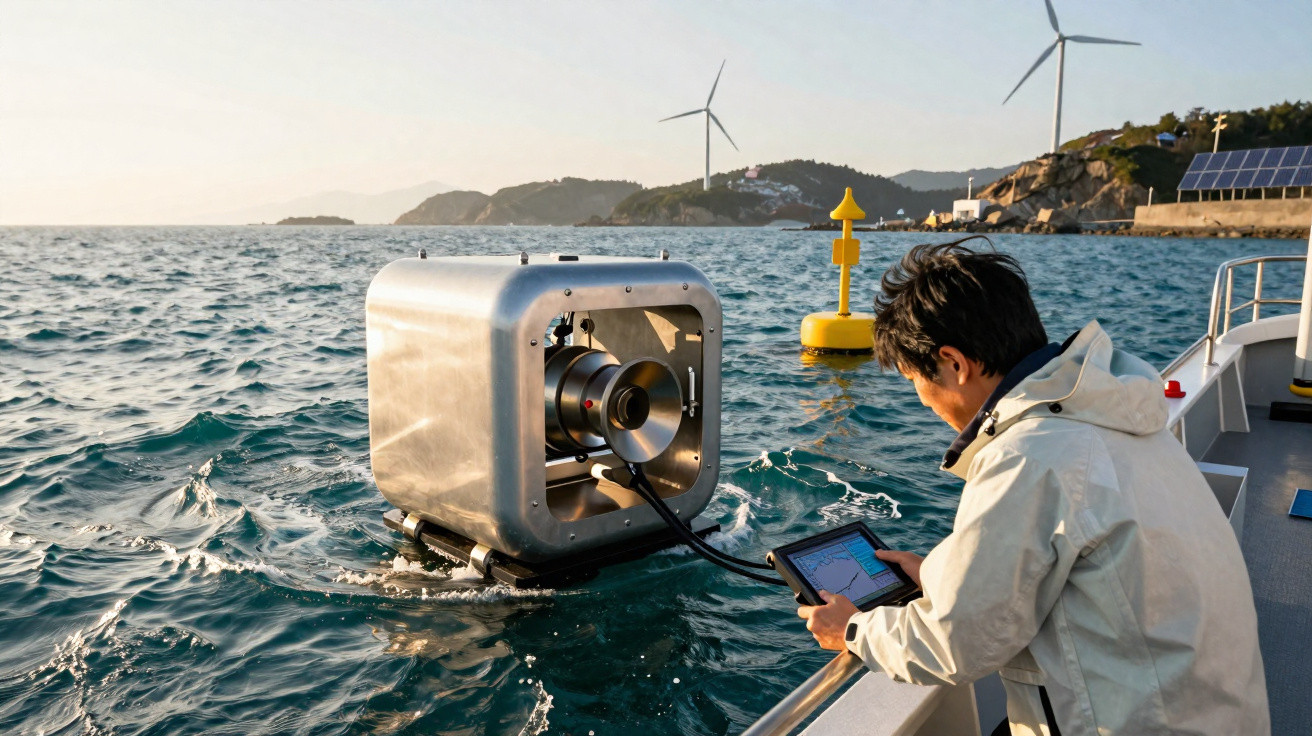 Pessoa operando equipamento tecnológico flutuante no mar, com turbinas eólicas e painéis solares ao fundo.