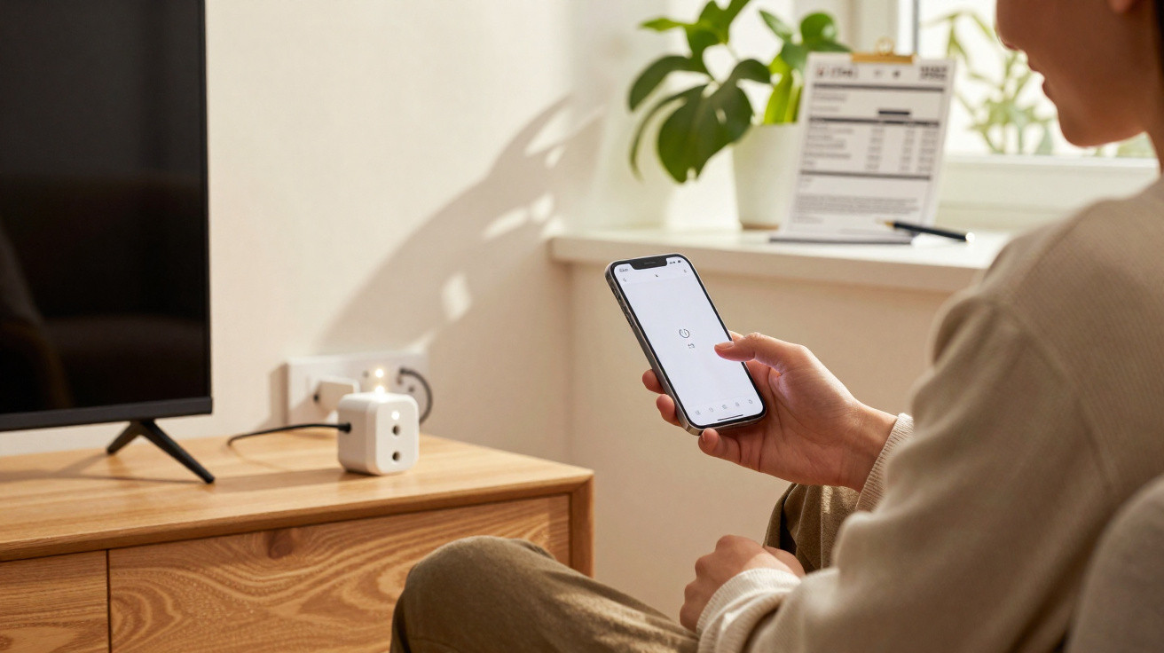Pessoa segurando smartphone com aplicativo aberto em sala com televisão e plantas ao fundo.