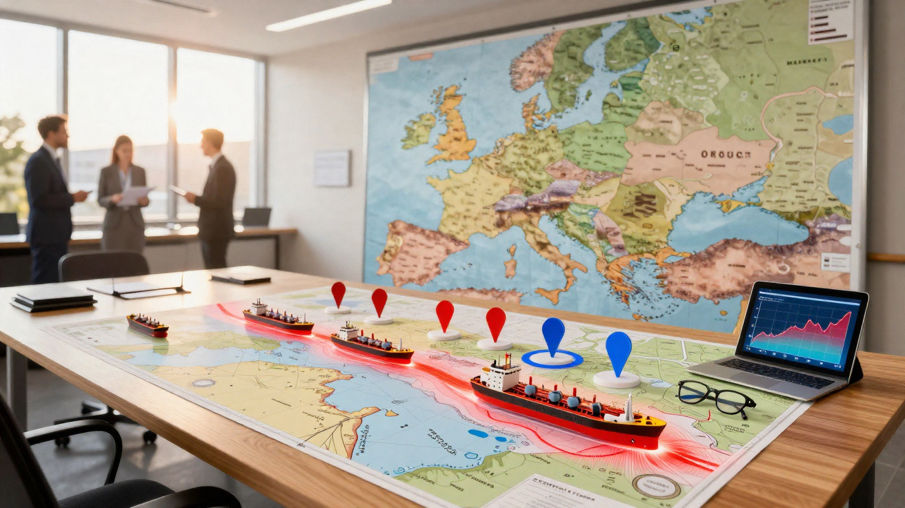 Mapa marítimo com rotas de navios destacadas em vermelho e pessoas discutindo ao fundo em escritório.