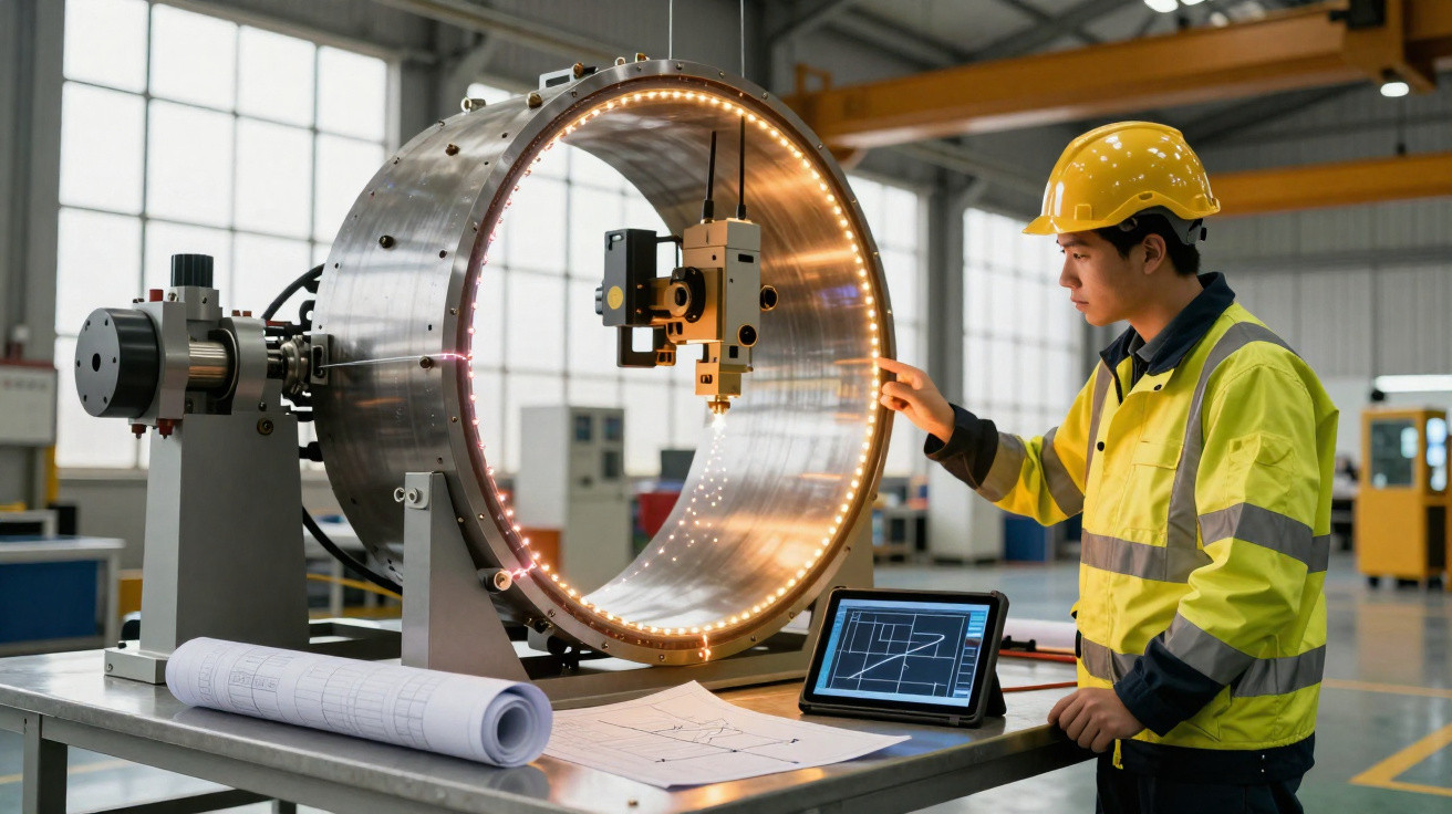 Engenheiro com capacete amarelo inspeciona peça metálica cilíndrica iluminada em fábrica com tablet e plantas.