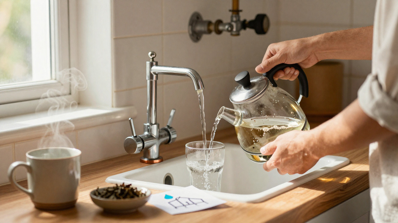 Pessoa despejando chá transparente em copo ao lado de caneca fumegante e prato com cravos na pia.