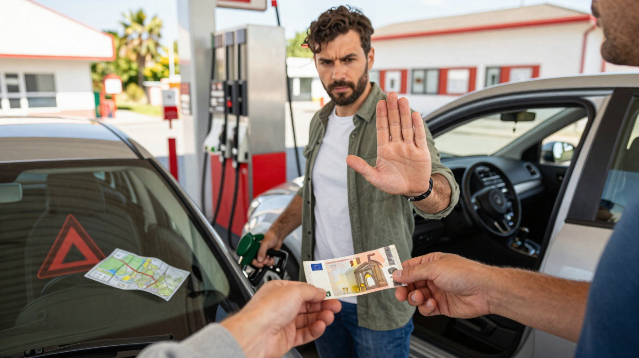 Homem em posto de gasolina segurando bomba e fazendo gesto de parar ao receber dinheiro.