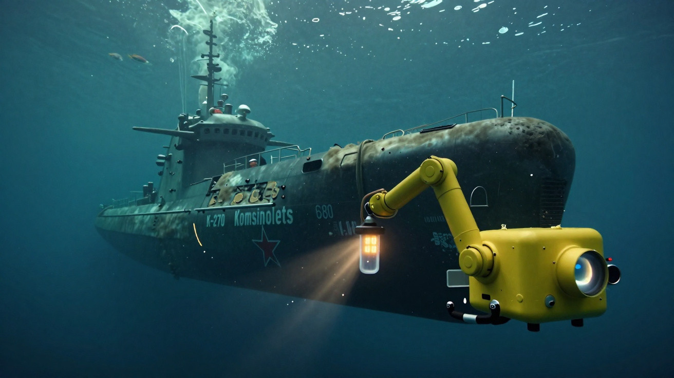 Submarino antigo com veículo robótico amarelo explorando o fundo do mar iluminado por lanterna.
