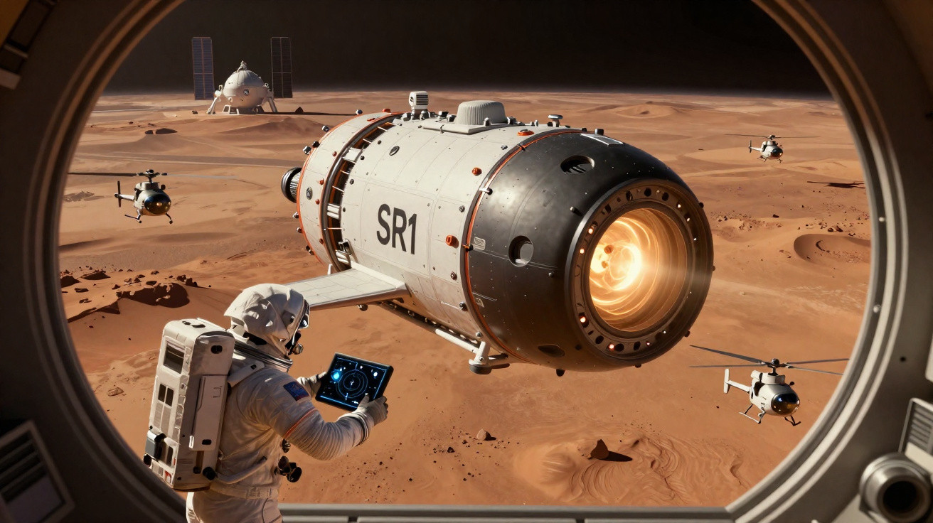 Astronauta observa módulo espacial SR1 com propulsor ativo em planeta desértico avermelhado.