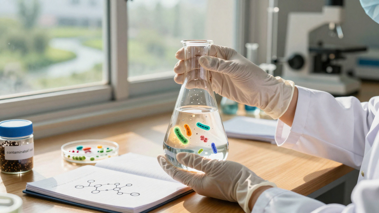 Mão com luva segurando frasco com água e bactérias coloridas em laboratório com microscópio ao fundo.