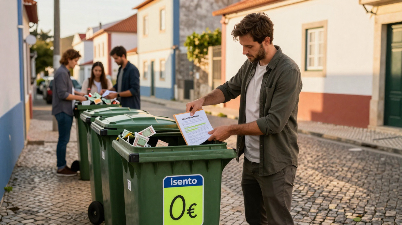 Jovens descartando papéis em lixeiras verdes na rua de uma vila com casas coloridas.