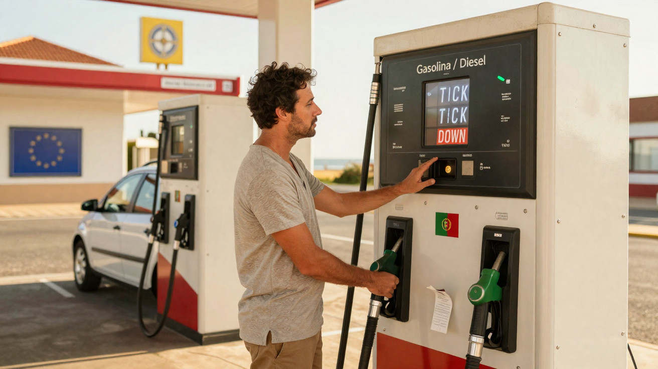 Homem em posto de gasolina abastecendo carro enquanto olha para o visor da bomba.