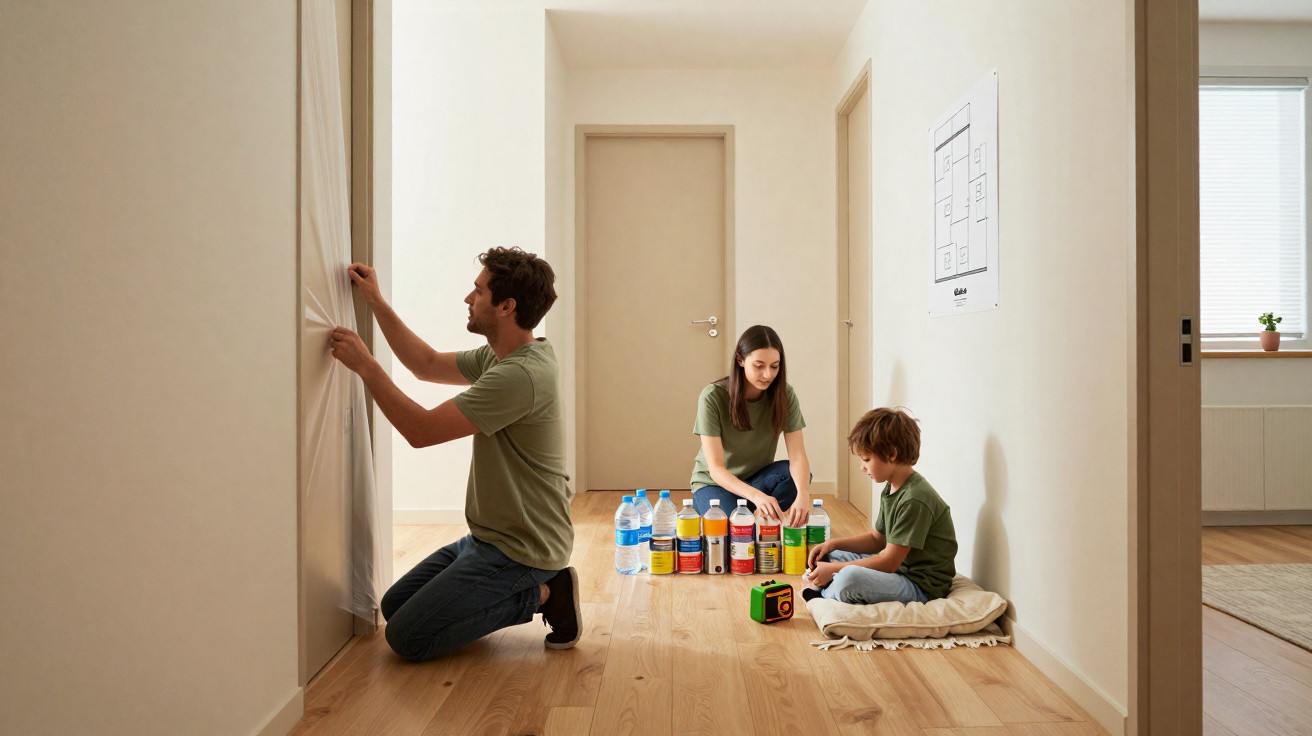 Família com pai, mãe e filho organizando suprimentos em um corredor de casa clara e simples.