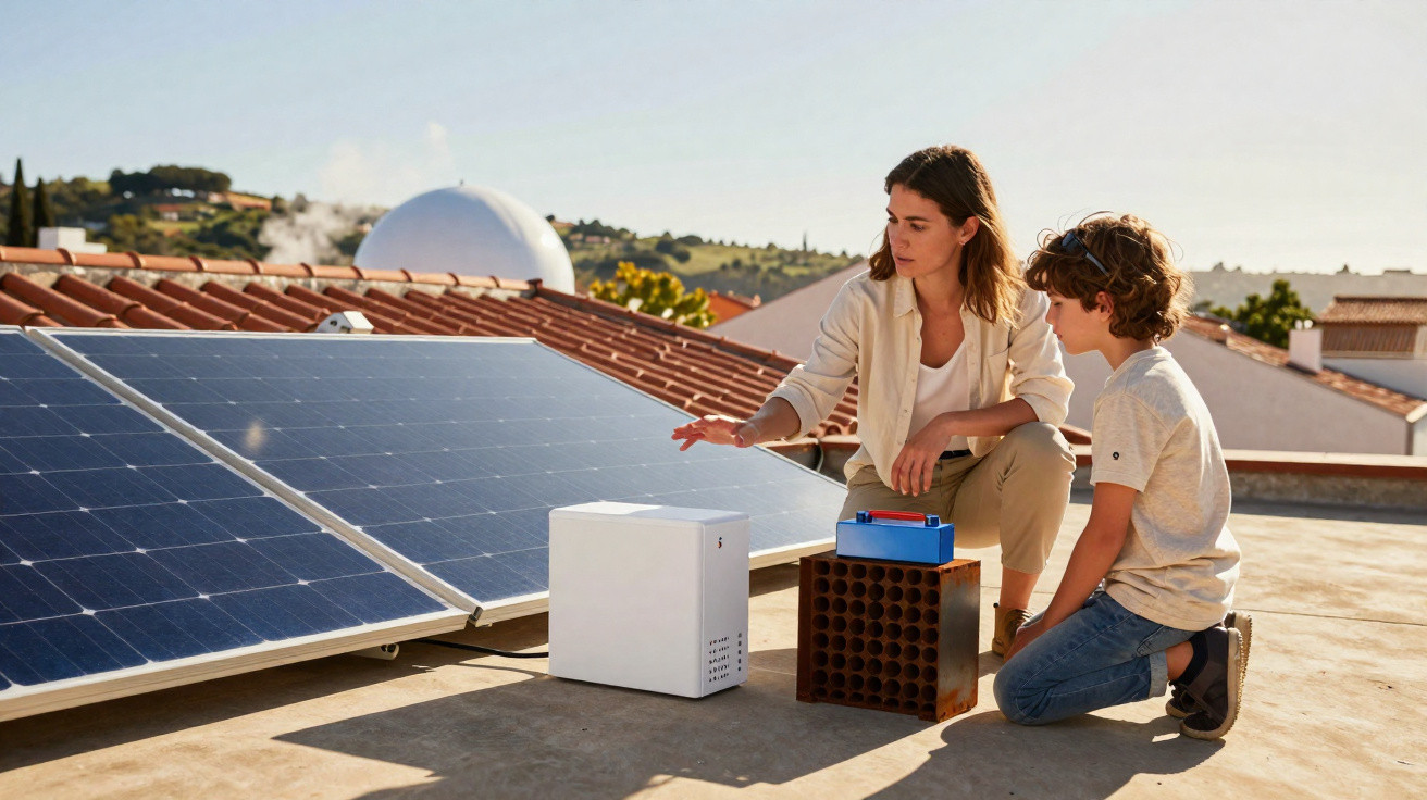 Mulher e menino em telhado com painéis solares, observando equipamentos de energia portátil.