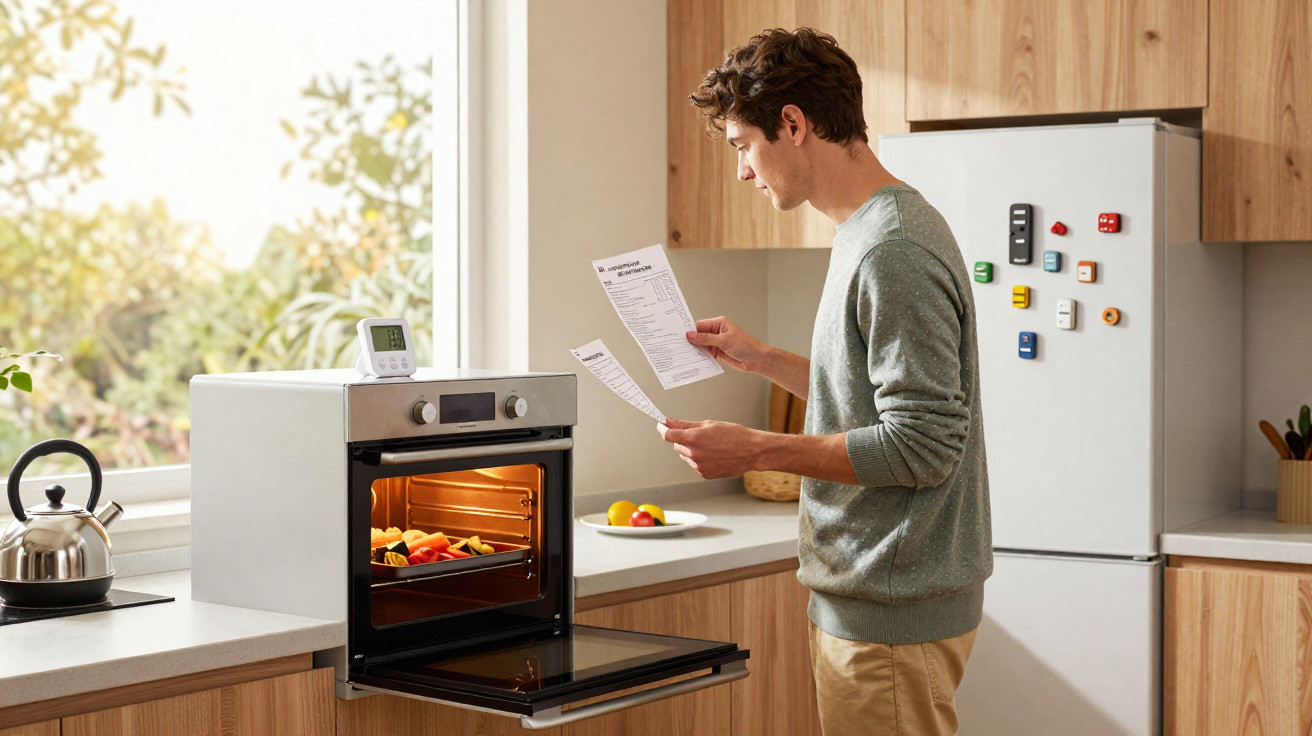 Homem lendo receitas enquanto cozinha legumes assados no forno em cozinha iluminada e moderna.