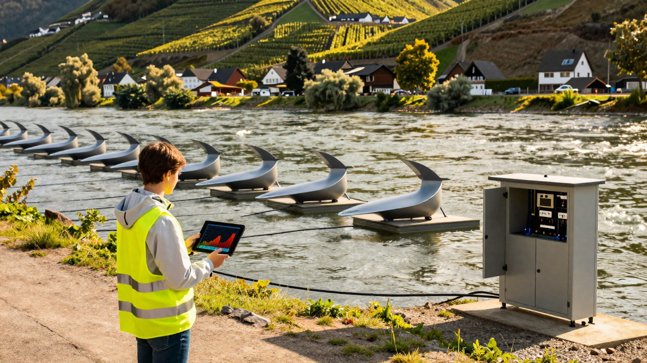 Pessoa com colete refletivo usa tablet para monitorar turbinas hidrocinéticas em rio próximo a vinhedos e casas.