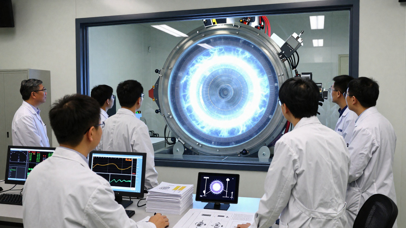 Equipe de cientistas em laboratório observando reator com plasma azul brilhante.