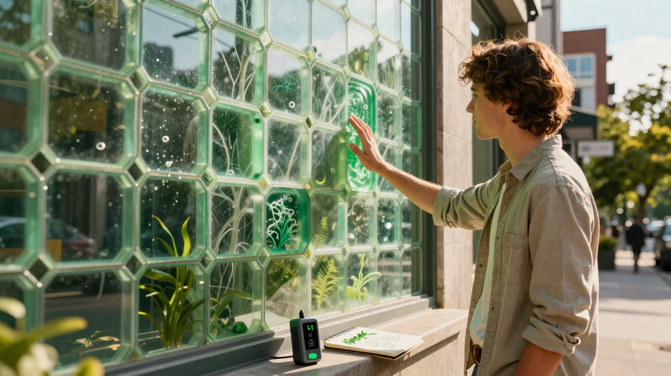 Homem com camisa clara interagindo com janela de vidro com plantas verdes e dispositivo eletrônico na borda.