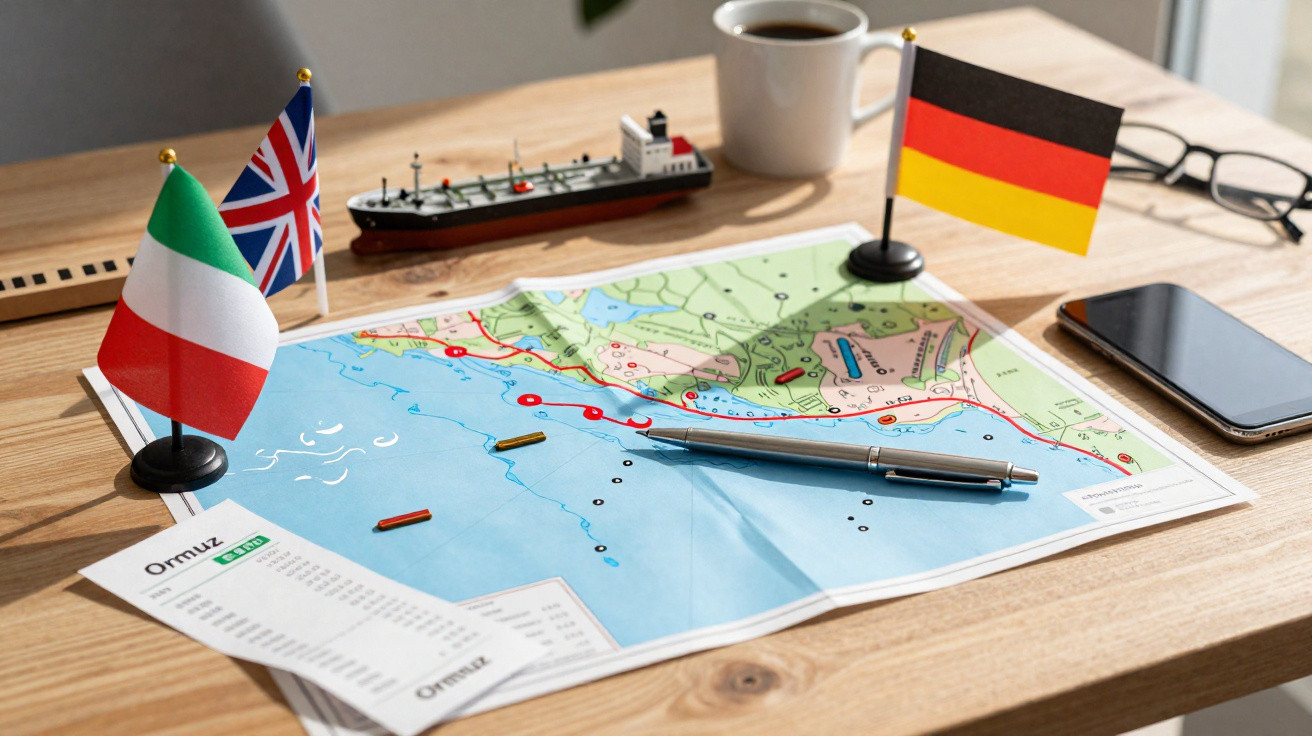Mapa náutico com caneta, miniaturas de bandeiras da Itália, Reino Unido e Alemanha, xícara de café, modelo de navio e celular