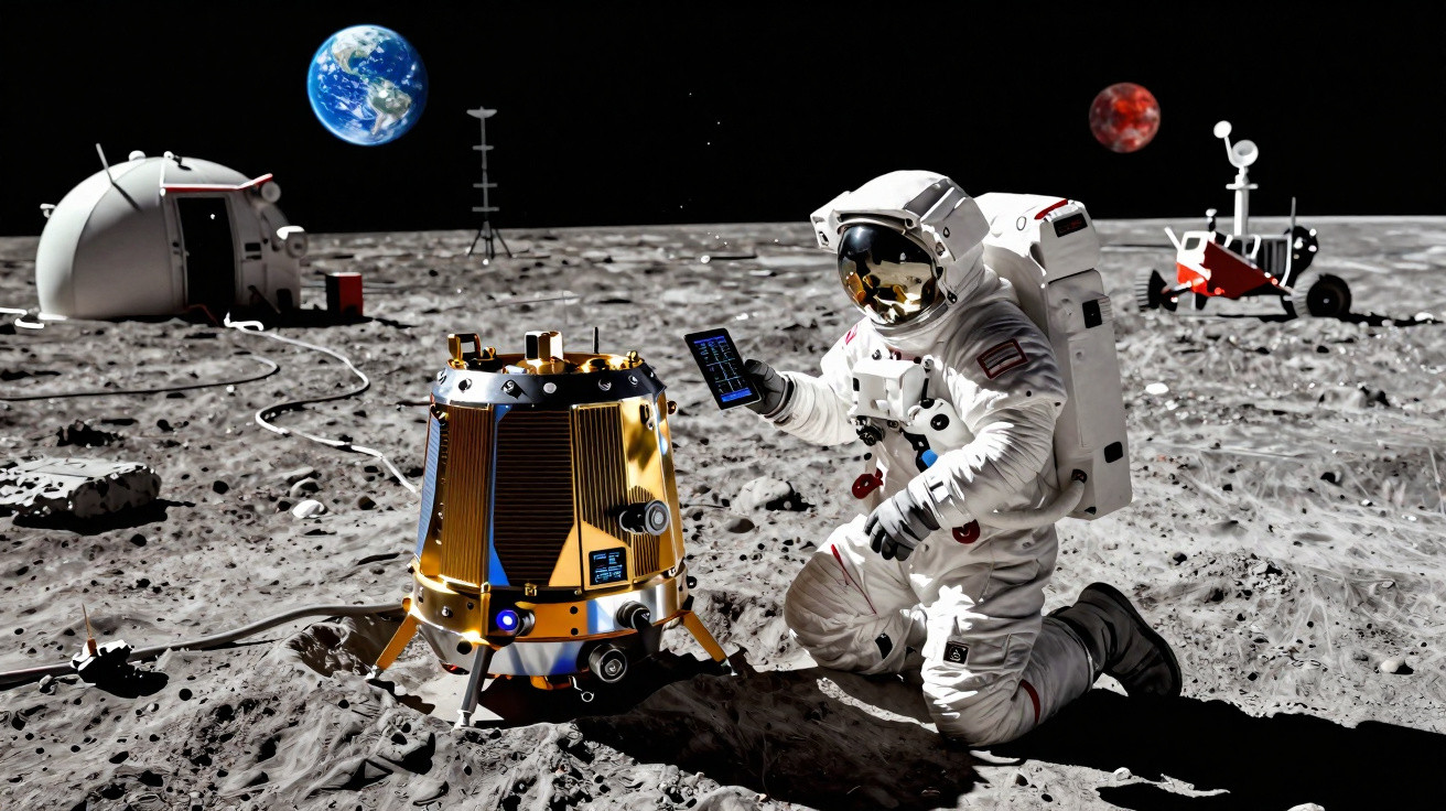 Astronauta em traje completo na superfície lunar com equipamentos e Terra e outro planeta ao fundo.