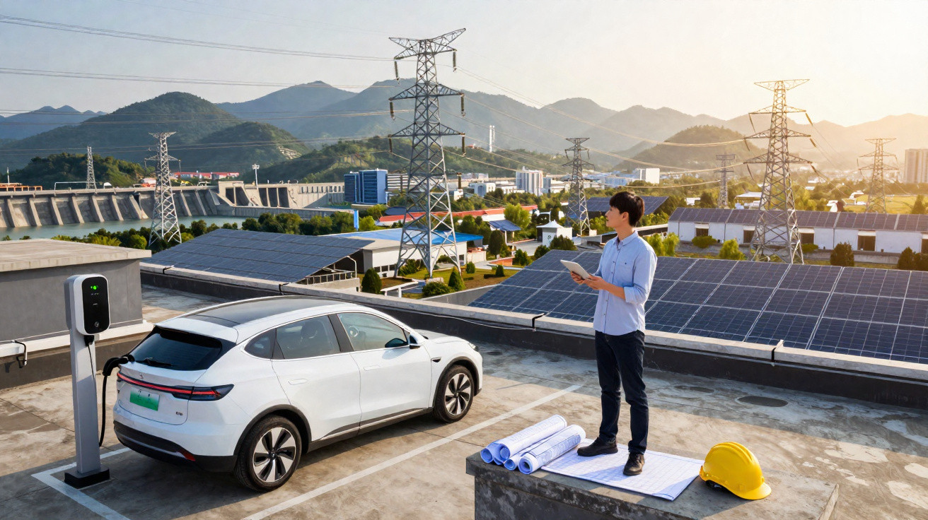 Homem em área industrial com carro elétrico carregando, painéis solares e turbinas ao fundo.