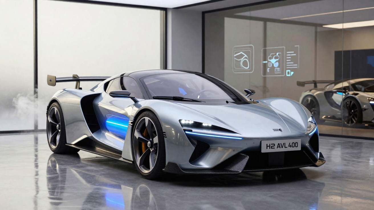Carro esportivo prata futurista com luzes azuis estacionado em piso refletivo dentro de showroom moderno.