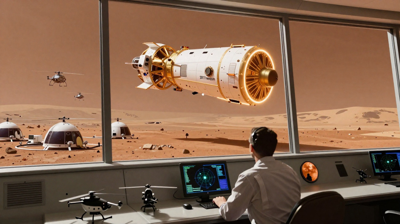 Pessoa observa espaçonave e drones sobre ambiente marciano através de grande janela em base futurista.