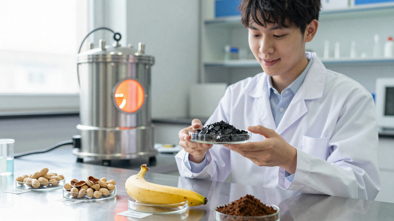 Pesquisador em laboratório segurando placa com carvão ativado próximo a amostras de alimentos.