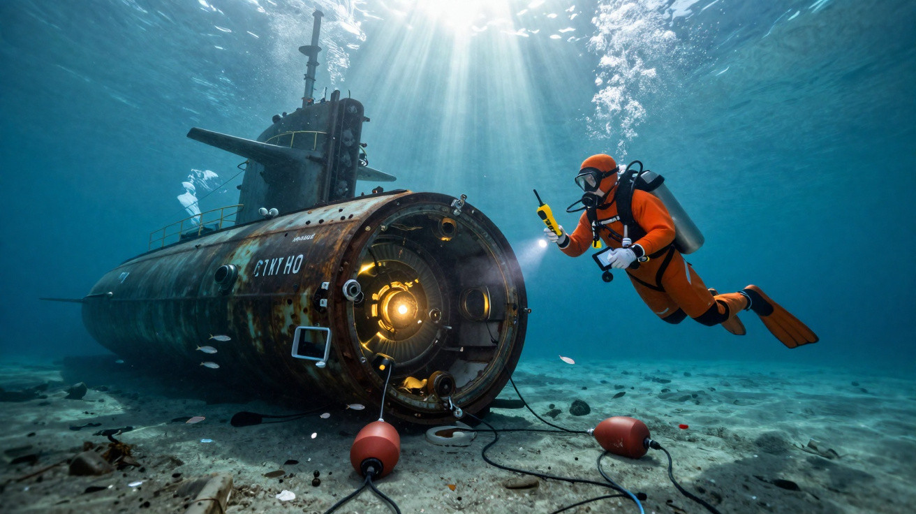 Mergulhador em traje laranja inspeciona submarino antigo e enferrujado no fundo do mar com luzes internas.