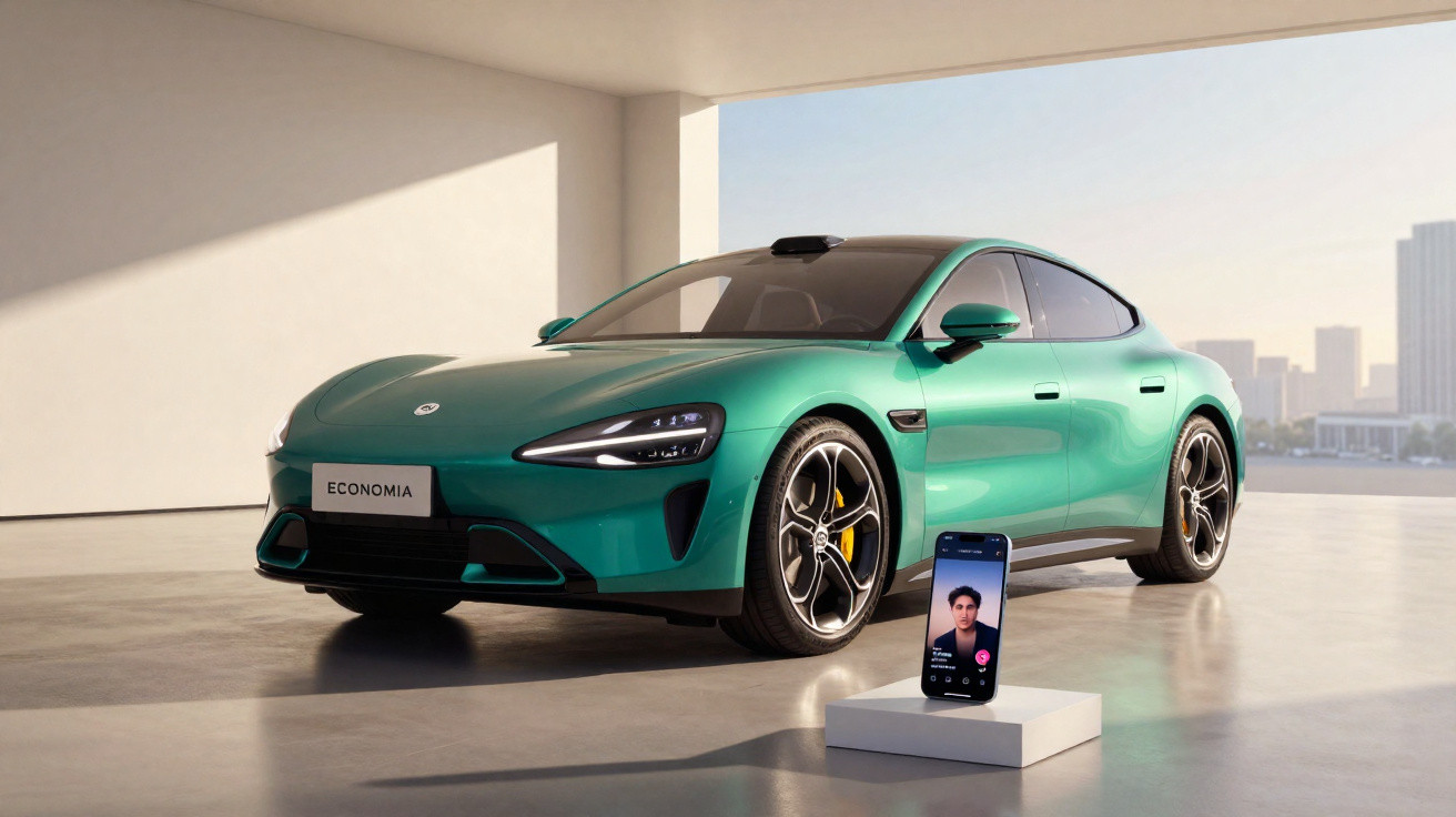 Carro esportivo verde em garagem iluminada, com celular exibindo videochamada em suporte branco.
