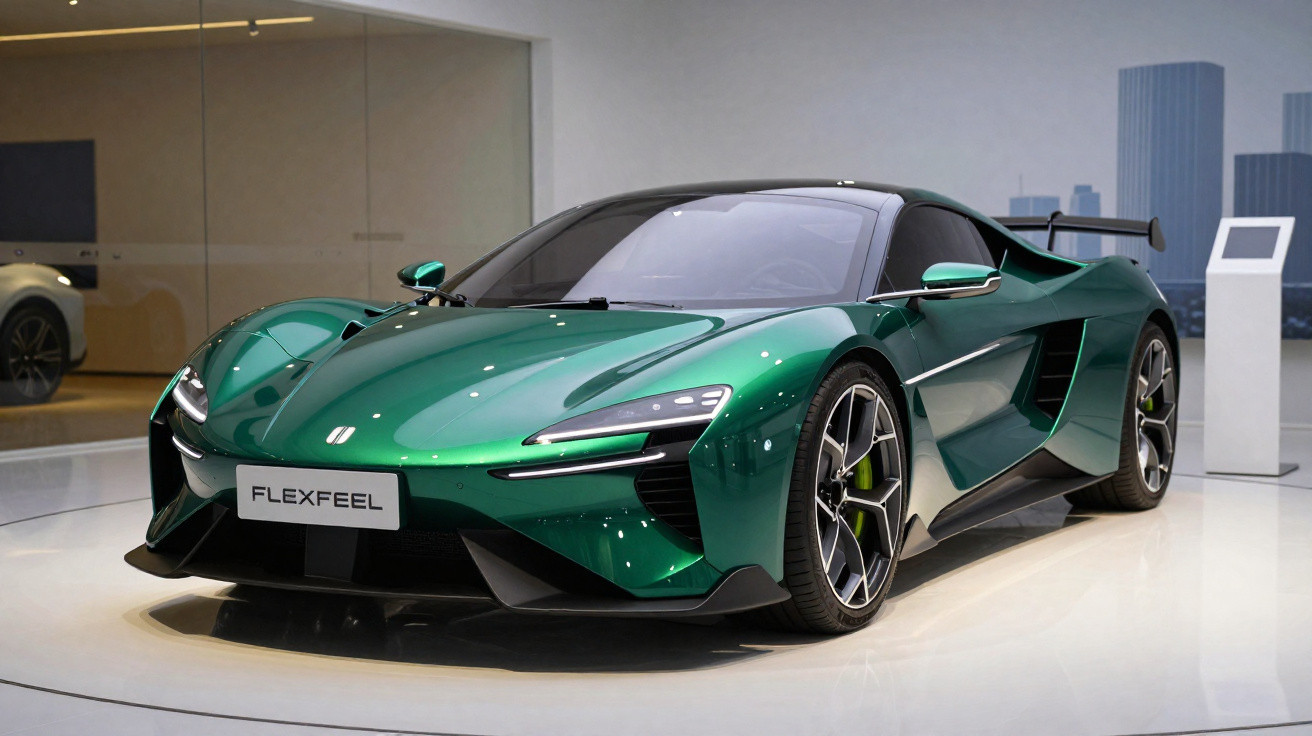 Carro esportivo verde metálico moderno exposto em ambiente interno com iluminação suave.