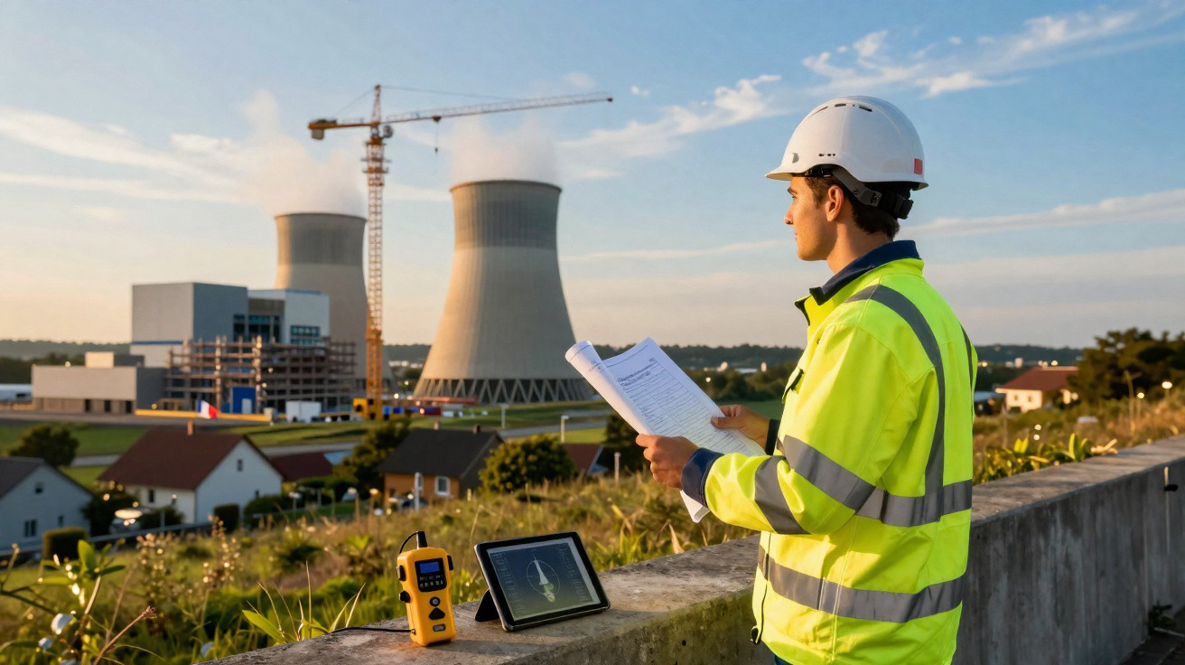 Engenheiro em colete refletivo e capacete observa usina nuclear enquanto analisa documentos e equipamentos.