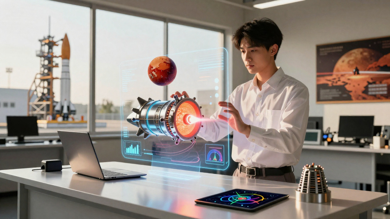 Jovem interage com projeção holográfica de motor de foguete e planeta em laboratório moderno.