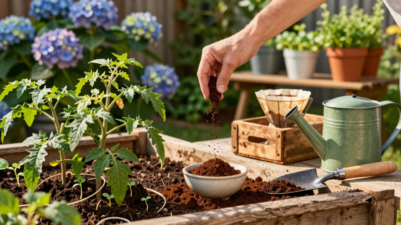 Mão colocando adubo em vaso em jardim com plantas, regador, pá e flores ao fundo.