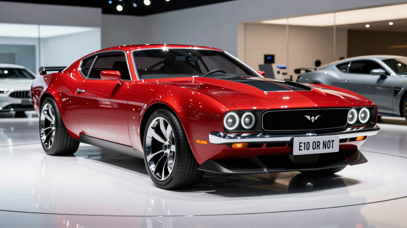 Carro esportivo vermelho clássico com rodas pretas, luzes duplas redondas e placa "E10 OR NOT".