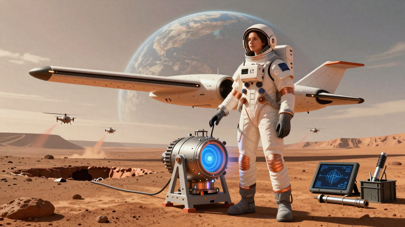 Astronauta em planeta vermelho com equipamento tecnológico e naves voando ao fundo.