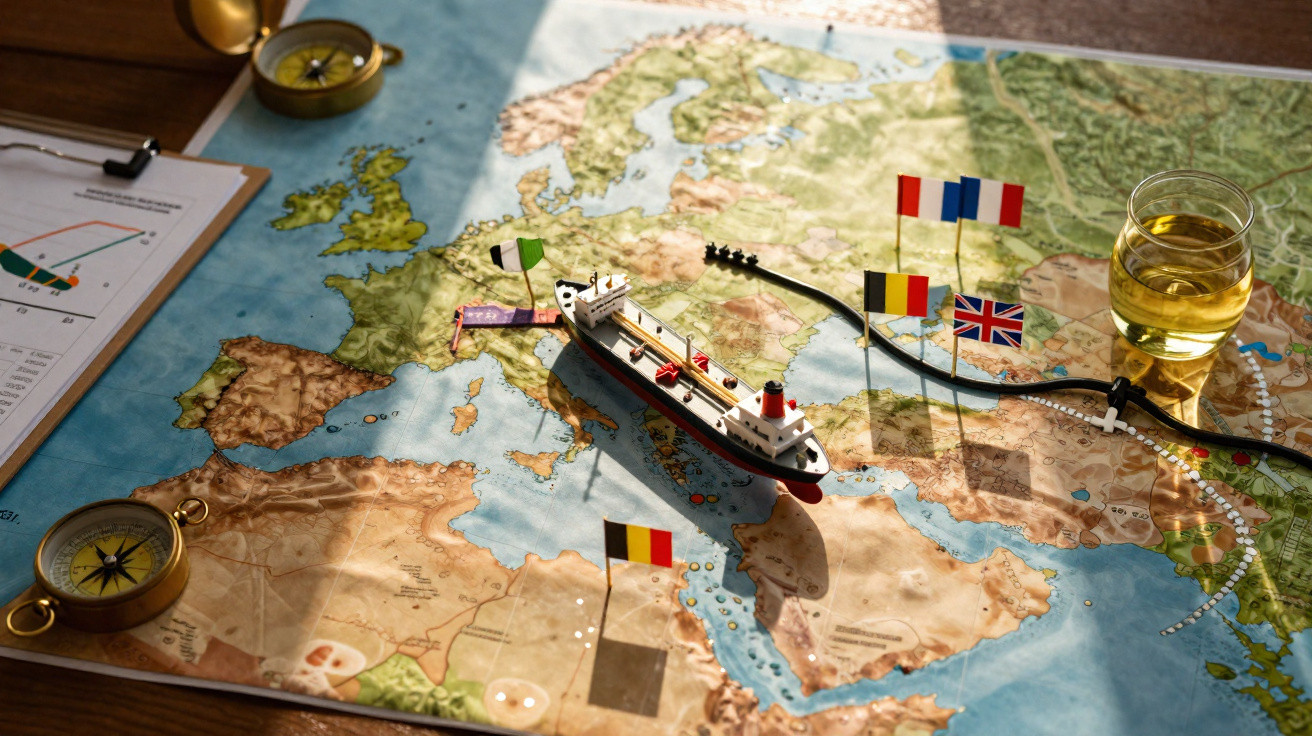 Mapa da Europa com miniatura de navio, bandeiras de países e bússolas sobre mesa iluminada pelo sol.