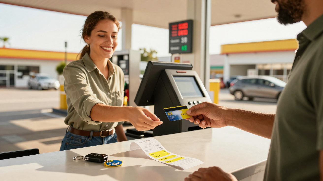 Mulher atendente recebendo pagamento com cartão em posto de gasolina, enquanto homem segura o cartão.