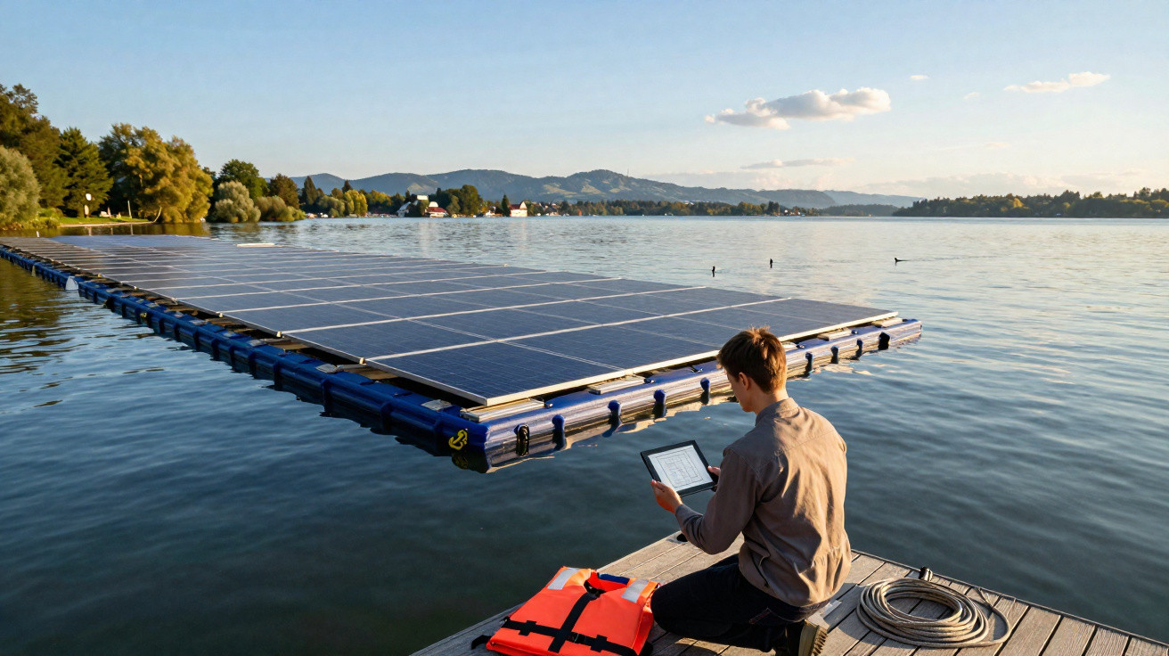 Homem sentado em cais perto de painel solar flutuante em lago ao entardecer com montanhas ao fundo.